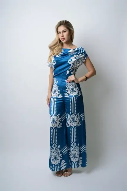 JUMPER LARGO ESTAMPADO AZUL BOMBACHO SEDA
