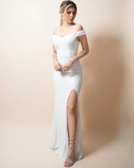 VESTIDO LARGO BLANCO LENTEJUELAS Y ESCOTE HOMBROS