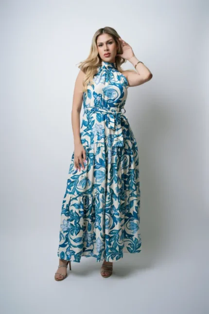 VESTIDO LARGO ESTAMPADO AZUL CUELLO TORTUGA