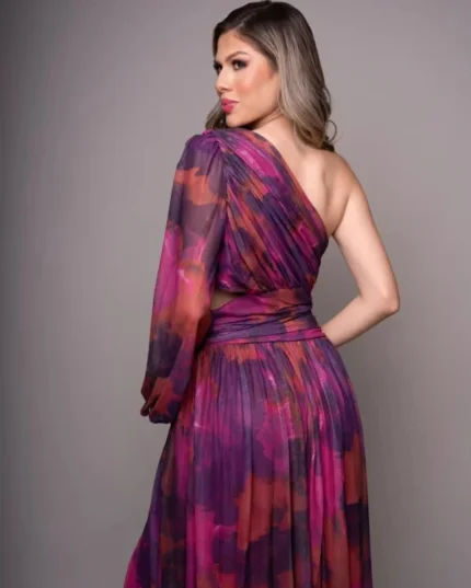 VESTIDO LARGO FLOREADO FUCSIA ROSADO