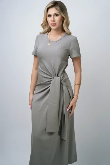 VESTIDO LARGO PLOMO ALICRADO MANGAS CORTAS
