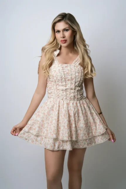 VESTIDO CORTO FLOREADO BEIGE TIRAS
