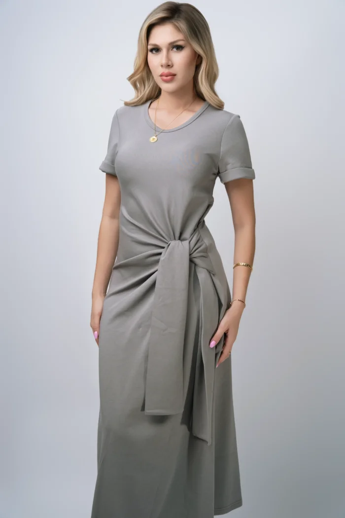 VESTIDO LARGO PLOMO ALICRADO MANGAS CORTAS