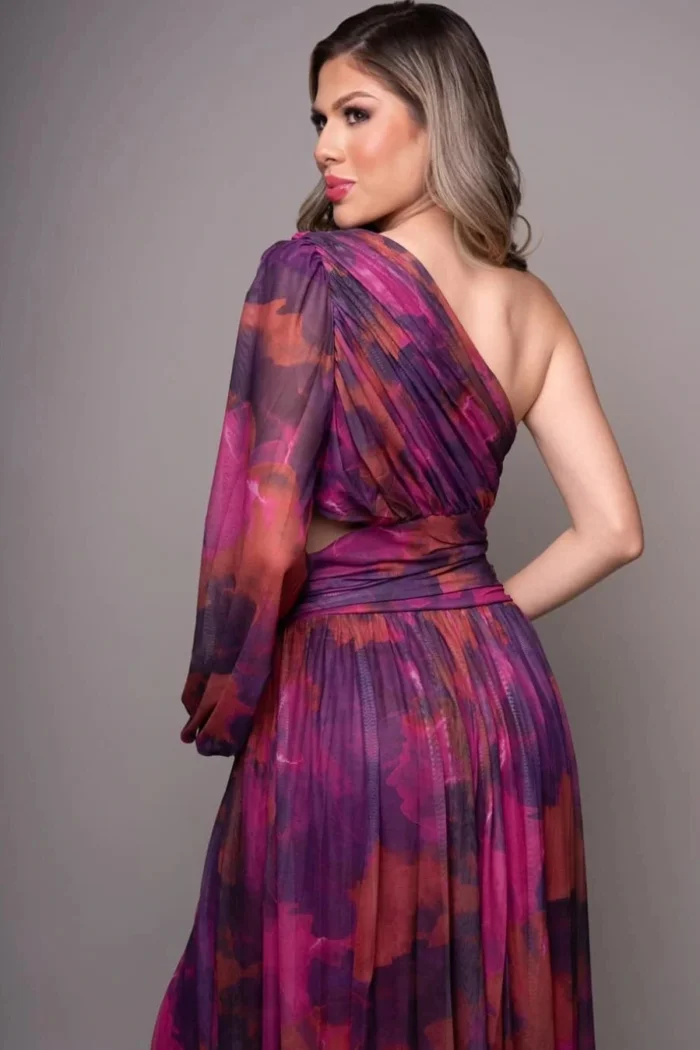 VESTIDO LARGO FLOREADO FUCSIA ROSADO